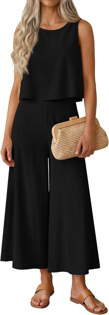 JoyMotion Womens 2 Piece Linen Set Summer Outfits Crew Neck Sleeveless Crop Tank Top Wide Capri Pants Lounge Boho Travel Set (Small,Black)