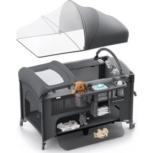 4 in 1 Baby Bassinet, Pack and Play, Bedside Crib Sleeper, Diaper Changer - Comes with Mattress, Mosquito NetBottom Storage and Toy Bar for Newborn to Toddles (Grey)