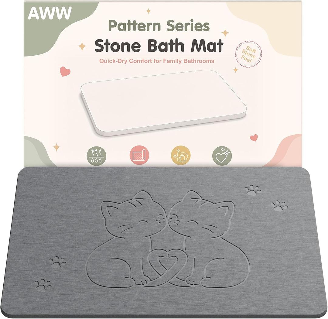 AWW Stone Bath Mat, Diatomaceous Earth, Cat Pattern, Grey, 23.6" x 15.5"