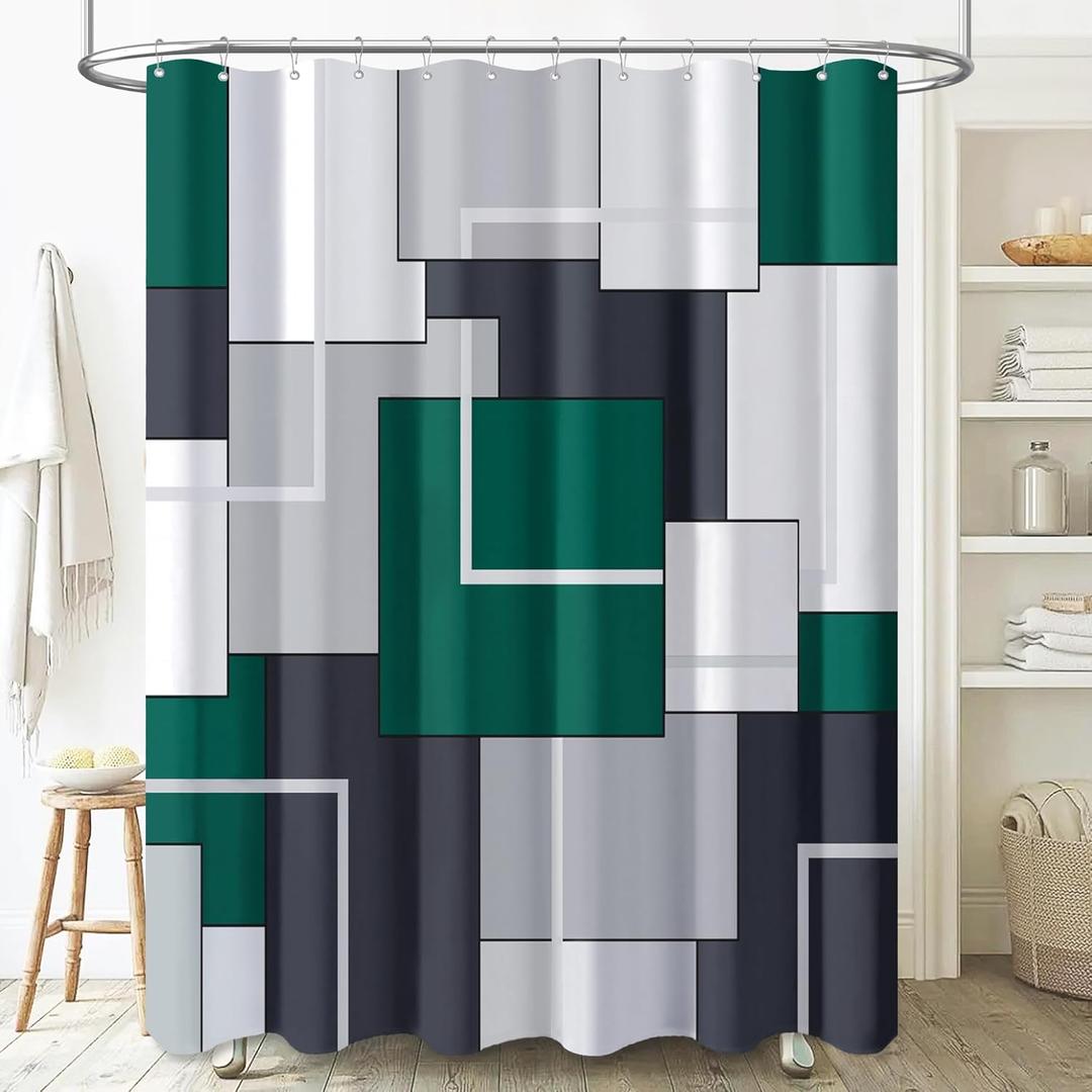 Emerald Green Shower Curtain, Geometric Fabric Shower Curtain Set with Plastic Hooks, Machine Washable, Water Repellent, Modern Decorative Neutral Cloth Shower Curtains for Bathroom - 72x72