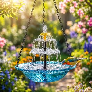 Solar Powered Hanging Bird Bath Fountain 3-Tier Cascade Glass Water Feature for Outdoor Garden Decor - Blue Hanging Birdbath with Solar Pump & Chain for Yard, Patio, Backyard Attracting Hummingbirds