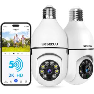 WESECUU Light Bulb Security Camera -5G& 2.4GHz WiFi 2K Security Cameras Wireless Outdoor Motion Detection and Alarm,Two-Way Talk,Color Night Vision,Human Detection, Bulb Camera Compatible with Alexa (White)