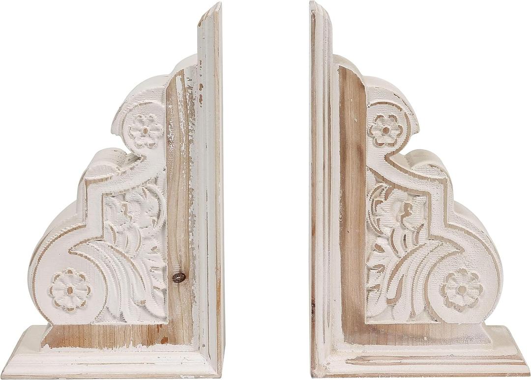 1 Pair Rustic Distressed Finish Wood Bookends, White Bookends Decorative Unique, Carved Pattern Farmhouse Book Ends for Shelves, Bookend for Heavy Books, Wooden Corbels for Home Room Decor