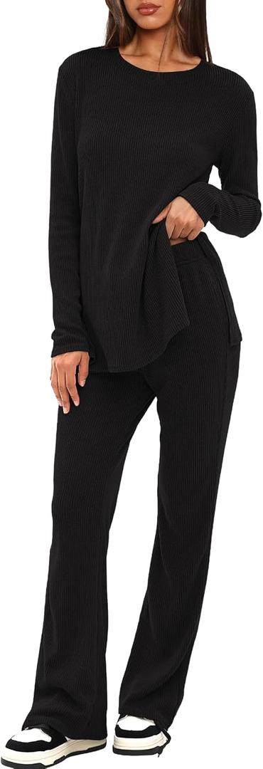 Darong Womens 2 Piece Pajamas Sets Ribbed Knit Lounge Sets Long Sleeve Top and Pants 2024 Fall Matching Outfits (Small, Black)