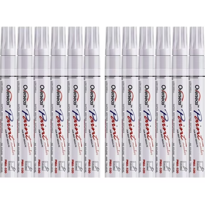 Overseas White Paint Pens Permanent Markers 12 Pcs, Oil Based Paint Markers Set, Quick Drying, Waterproof, Medium Tip Marker Pens for Metal, Rock, Wood, Plastic, Canvas, Glass, Stone, Rubber, Paper