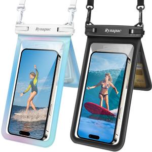Double Space Waterproof Phone Pouch, 2 Pack Waterproof Phone Case with Lanyard for iPhone 16 15 Pro Max Galaxy S23 Pixel 7a up to 8.5, Cellphone Dry Bag for Beach Vacation Travel Cruise Essentials (Black&Sky Blue)