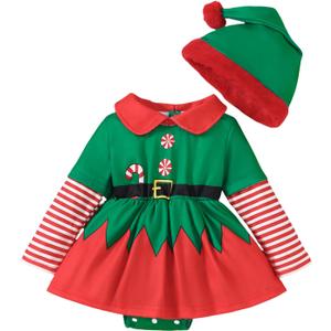 Toddler Baby Girls Christmas Outfits Long Sleeve Print Elf Romper Xmas Dresses Infant Fall Winter Clothes (6-12 Months, Green)