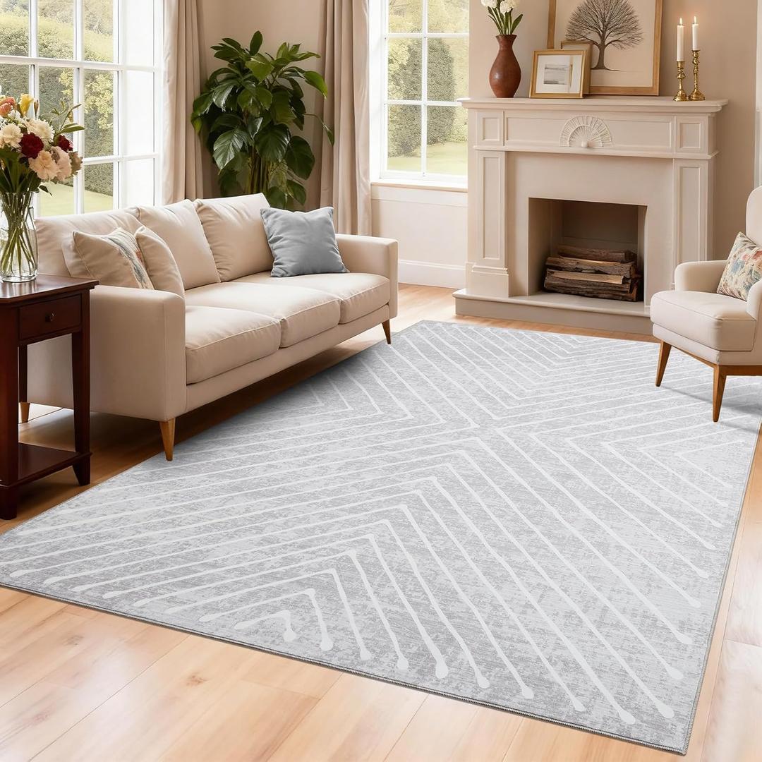 Bedroom Area Rug 5x7 Geometric Rug Machine Washable Living Room Area Rug Non Slip Stain Resistant Large Dining Room Throw Rug Ultra Soft Contemporary Carpet for Home Decor Office, Grey