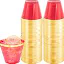 LUODA 150 PCS Red Plastic Cups, 9oz Clear Red Disposable Cups with Gold Rim, Old Fashioned Tumblers Gold Rimmed Plastic Cups for Any Occasion: Parties&Birthday