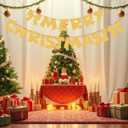 Merry Christmas Banner Golden Metal Christmas Garland Sign with Bows Xmas Retro Style Party Decorations Photo Prop Holiday Decor for Home Office Fireplace Mantle Farmhouse Hanging Wall