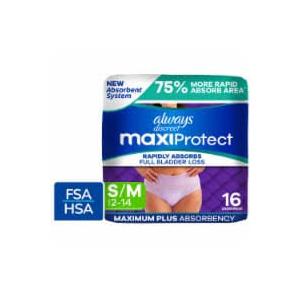 Always Discreet MaxiProtect Adult Diapers for Women, Incontinence Underwear, Scented, Postpartum Essentials, Bladder Leak Protection, Disposable Briefs, Maximum Plus Absorbency, Size S/M, 16 Count