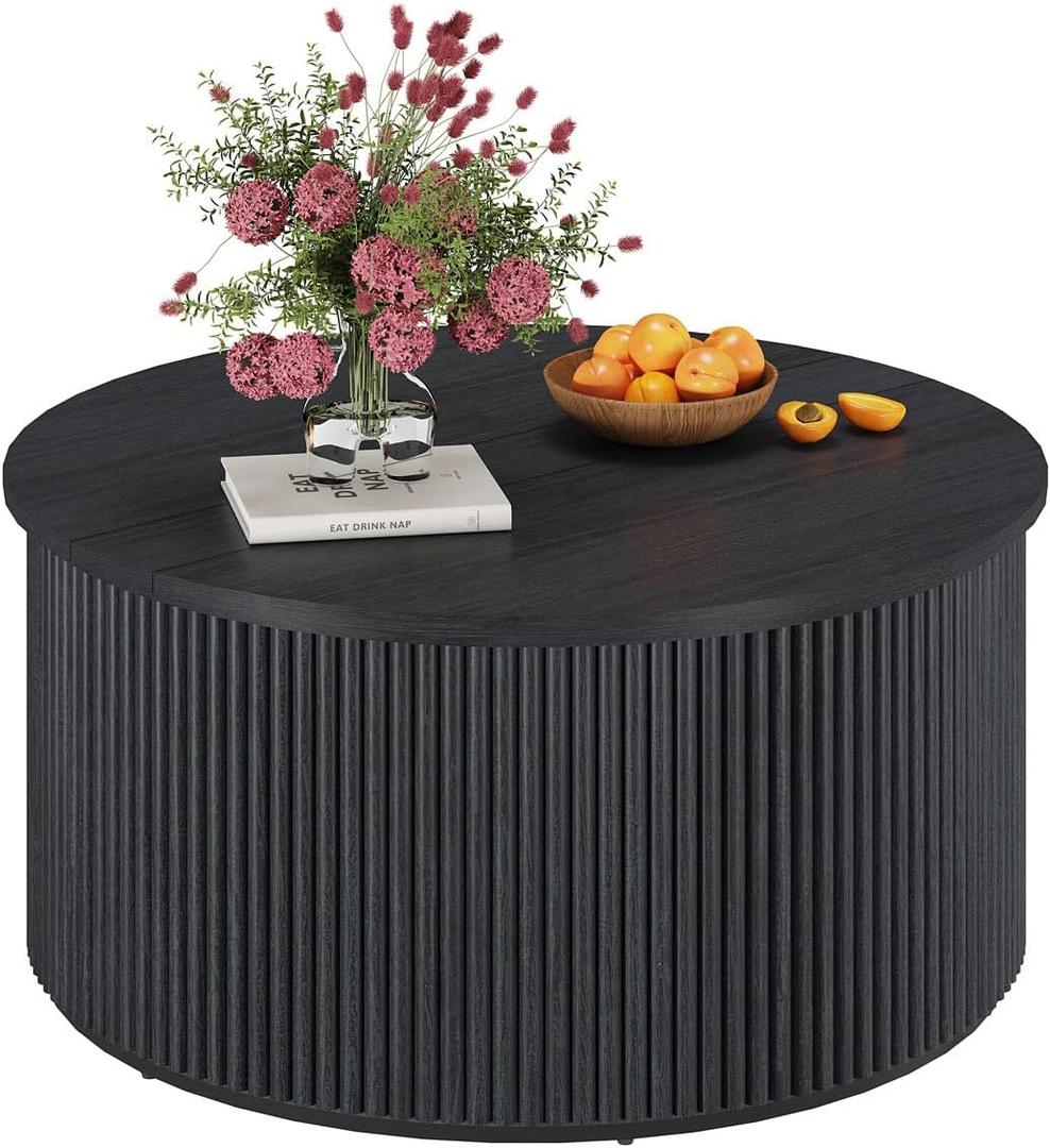 Round Coffee Table, Fluted Wooden Center Table, Circular Mid-Century Modern Coffee Tables for Small Space, Living Room, Bedroom (31.5 Inch, Black), 31.5" x 31.5" x 15.35"