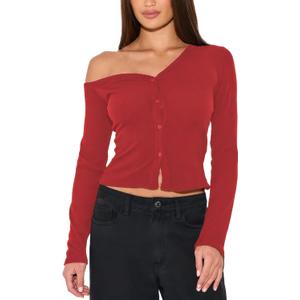 Women's Off The Shoulder Cropped Cardigan Sweaters Long Sleeve Button Down Ribbed Slim Fit Going Out Shirts Fall (Medium)