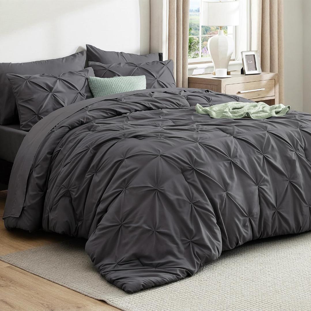 Bedsure Full Comforter Set Dark Grey - Bed in a Bag Full Size Bedding Set 7 Pieces, GentleSoft Pintuck Bed Set Gift for Family, Pinch Pleat All Season Comforter with Sheets, Pillowcases & Shams