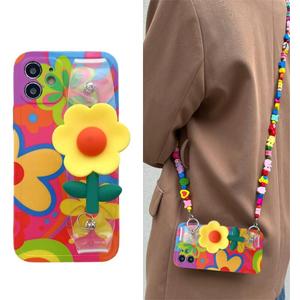 Lanyard Case Compatible with iPhone 16 Pro Case 6.3 inches, Crossbody case with Strap and Wrist Band, Unique Cute Kawaii Colorful Painting Flowers Design for Girls and Women