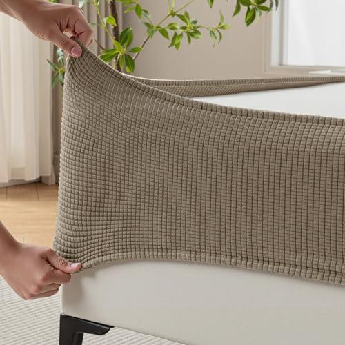MIYE Jacquard Fabric Box Spring Cover,Super Stretchy Wrap Around 4 Sides Elastic Bed Skirt,Wrinkle & Fading Resistant,Washable & Easy Fit. (Simply Taupe, Full)