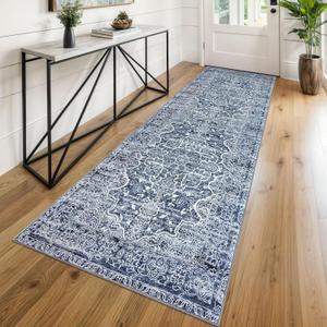 KUTA Vintage Washable Runner Rug, 2.6x8 Runners for Hallways Non-Slip Blue Kitchen Rugs Ultra Soft Printed Tribal Floor Carpet for Bedroom Living Room Nursery Playroom (2'7" x 8' (Runner), Blue Floral)