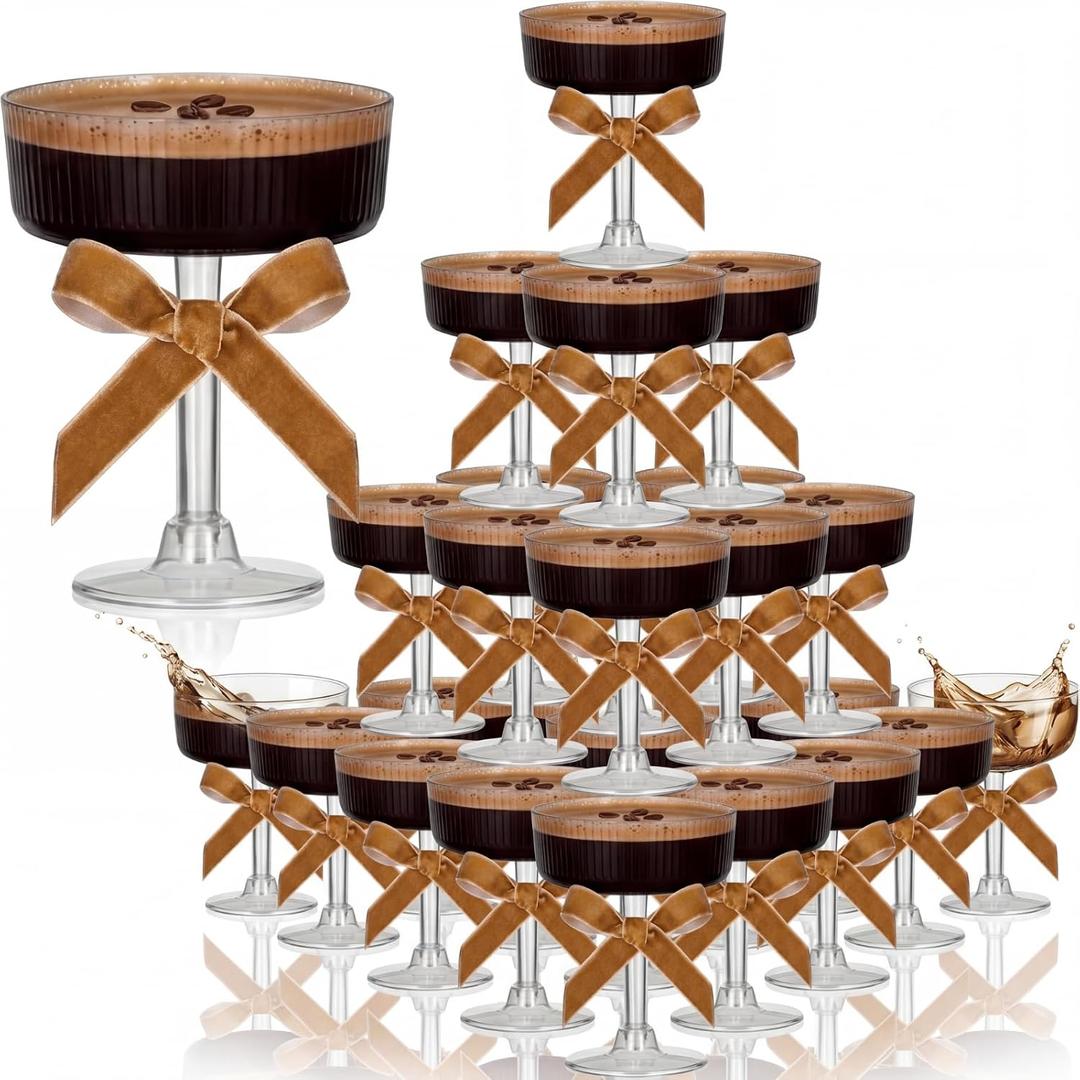 Rtteri Martini Birthday Party Decor 5 oz Acrylic Coupe Acrylic Champagne Tower with Velvet Ribbon Bachelorette Bridal Shower Decoration(Light Brown,36 Pcs)