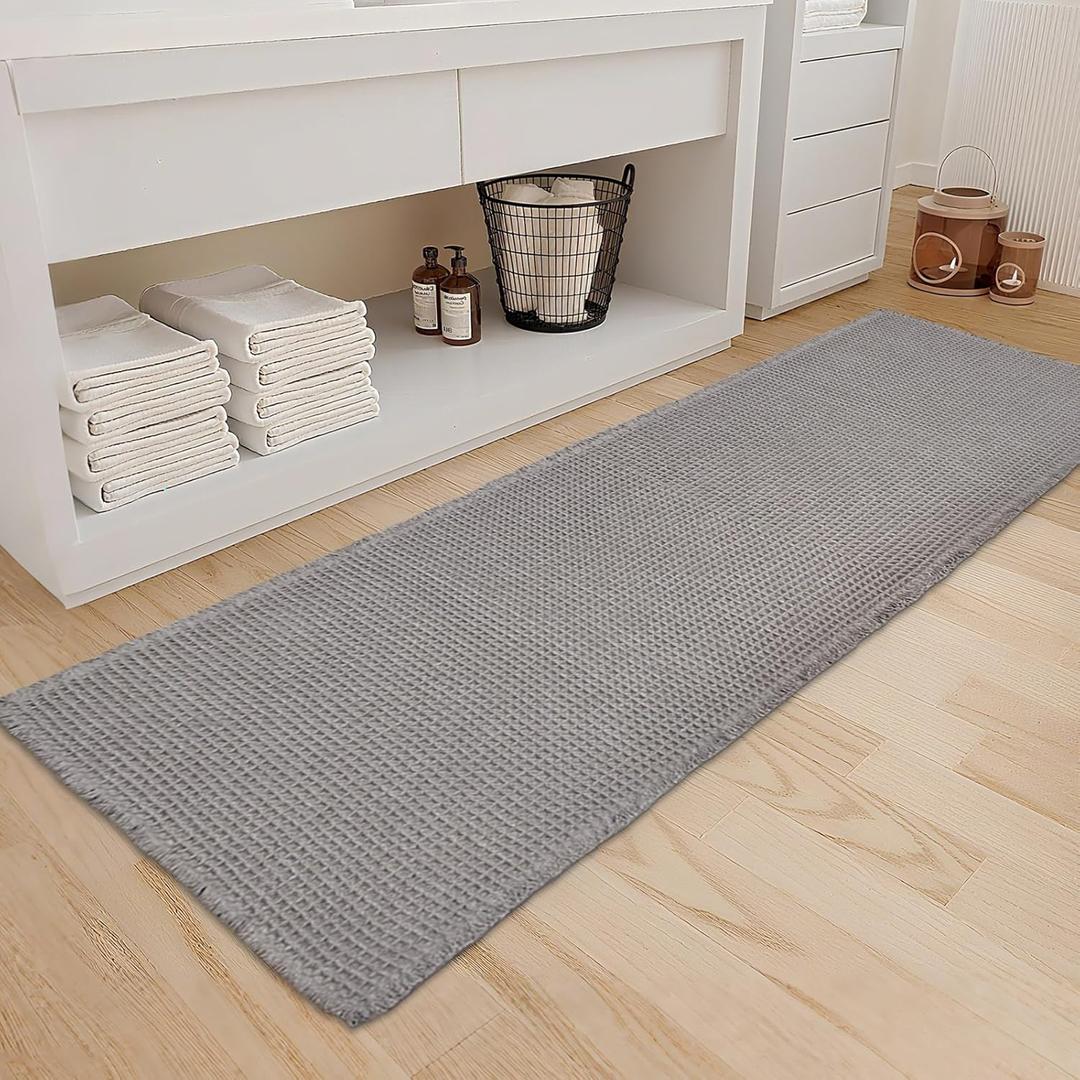ZALL Grey Waffle Bath Mat,Super Absorbent Non Slip Long Bathroom Runner Rug,Gray 24X72inch,Machine Washable Ultra Soft Floor Mats