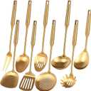 Gold Kitchen Utensils Set - 18/10 Stainless Steel Cooking Tools, 15" All Metal Serving Utensils with Fork, Solid/Slotted Spoon, Spatula, Ladle, Skimmer, Tunner, Pasta Spoon, Large Spoon, Set of 9
