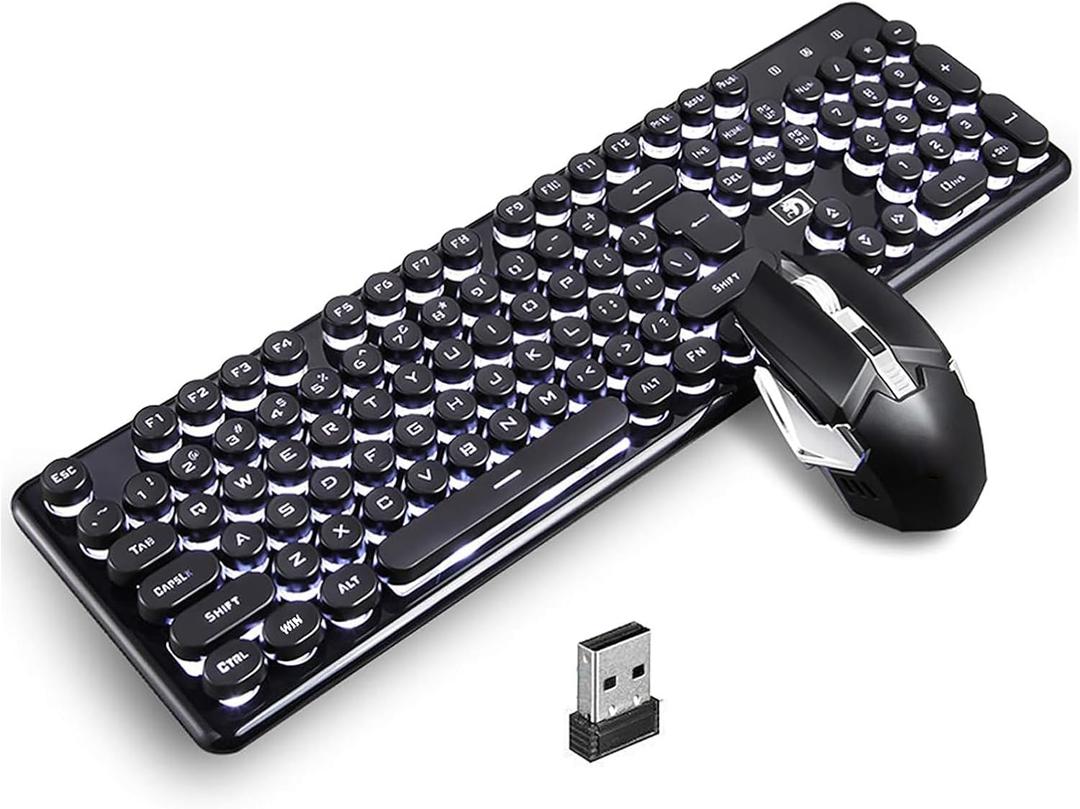 Charging Keyboard Mouse, Backlit Gaming Mice and Keyboard Combo Wireless 2.4G USB Drive Free, 12 Multimedia Keys, Ergonomic Anti-ghosting, Retro Punk Round Keycaps for Office Gaming Use (Black-White)