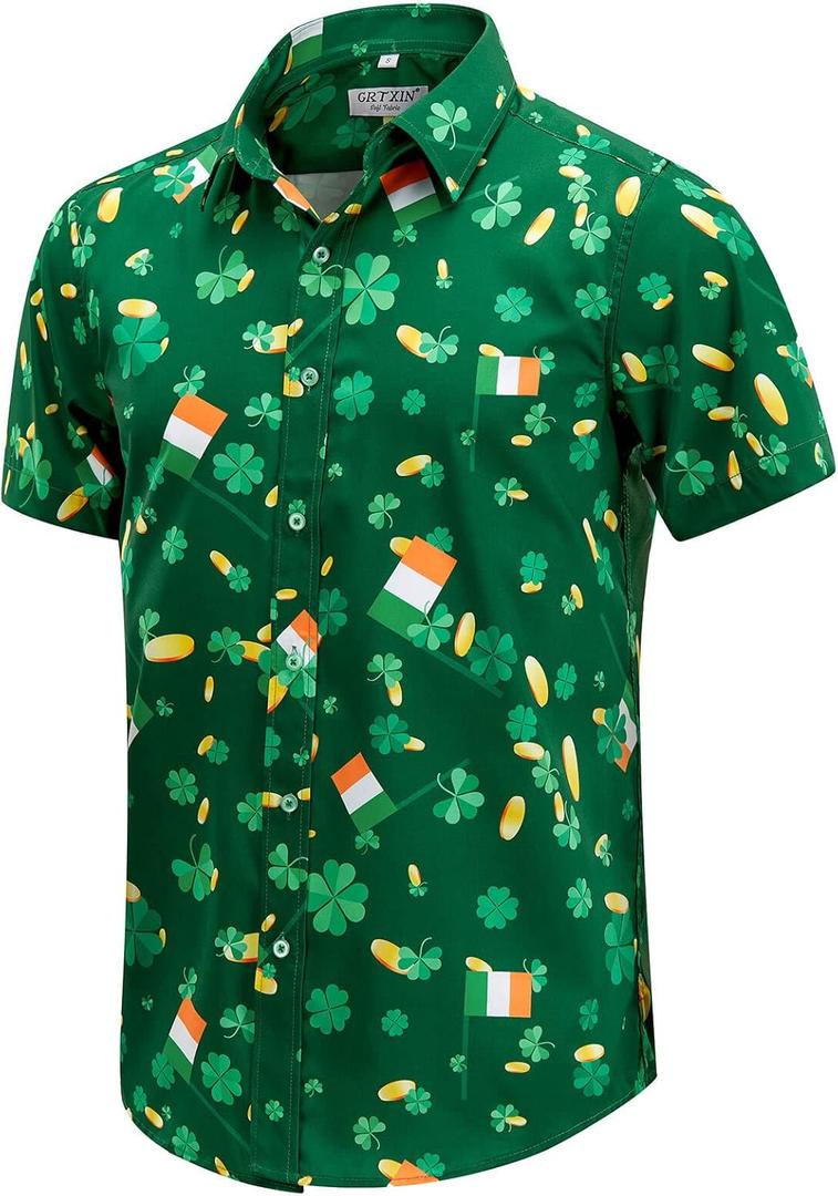 Men's St. Patrick's Day Shirt Funny Irish Flag Clover Short Sleeve Hawaiian Casual Button Down Shirt (M, Four Leaf Clover and Flag)