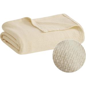 Madison Park Freshspun Basketweave Luxury Cotton Blanket Natural 90x90" Full/Queen Size Basketweave Premium Soft Cozy 100% Cotton For Bed, Couch or Sofa