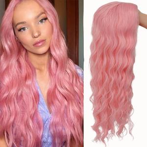 Kaneles Pink Curly Long Wigs for Women Wavy Wig Middle Parting Hair Natural Looking Synthetic Wigs for Halloween Cosplay