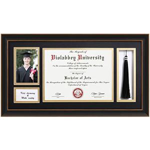 VIOLABBEY Black Diploma Frame with Tassel Holder for 8.5x11 Certificates Document and 4x6 Graduation Pictures, College Degree Frame for Wall Mounted (Black Gold Double Mat)