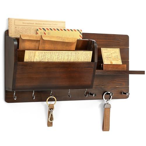 Rebee Vision Pine Wood Key Holder Wall Mount for Home Decor - Vintage Mail Holder Wall Mounted with Floating Shelf & Hooks - Rustic Mail Organizer for Apartment, Living Room, Entryway (Dark Brown)