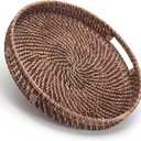 Round Rattan Woven Serving Tray with Handles Ottoman Tray for Breakfast, Drinks, Snack for Coffee Table, Home Decorative (11"x1.6", Honey Brown)