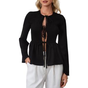 Women's Long Sleeve Shirred Peplum Going Out Tops Y2K Tie Front Babydoll Shirt Blouses (Black, M)