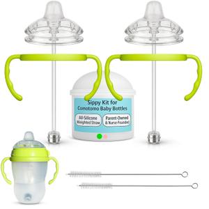 Sippy Cup Conversion Kit for Comotomo Baby Bottles 2-Count, Food Grade Silicone Spout Nipples, All Silicone Weighted Straw, Bottle Handles, Cleaning Brush, BPA-Free, 4+ Months (Sippy Spout, Green)