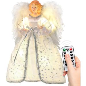 Angel Christmas Tree Topper with Light and Remote Control, Lighted Tree Toppers Christmas Decorations, Elegant and Durable, Perfect for Holiday Home Decor and Gifts, White, WOKEISE