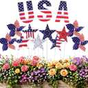 13Pcs 4th of July Outdoor Decoration Garden Stakes, 250th Patriotic Plastic USA Shape Yard Signs, Red White Blue Star Planter Stakes Pinwheels for Independence Day Memorial Day Anniversary, 5.2 W x 17.7 H