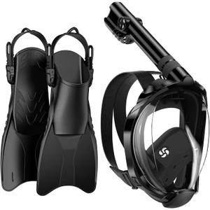 WSTOO Mask Fins Snorkel Set,Snorkeling Gear for Adults,Full Face Snorkel Mask & Adjustable Swim Fins,Dry Top System Anti-Fog Anti-Leak (Black) L