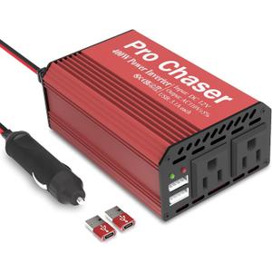Pro Chaser 400W Car Power Inverter 12V DC to 110V AC Car Truck RV Inverter 6.2A Dual USB Charging Ports for Road Trips (Type C Adaptors Included) (Red)