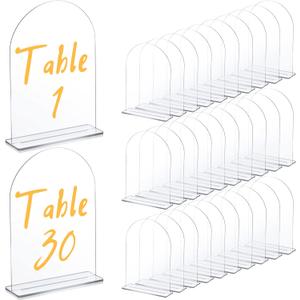 Juexica 30 Packs 5x7 Inch Clear Acrylic Arch Sign - Blank DIY Table Numbers with Stand for Weddings, Office Parties & Menus