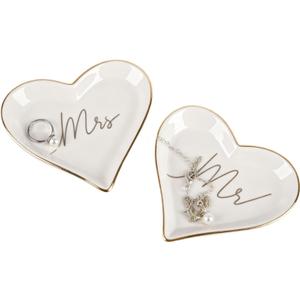 2PCS Heart Shaped Mr. and Mrs. Ring Dish Ceramic Jewelry Ring Tray Holder for Engagement, Wedding, and Bridal Shower Gifts