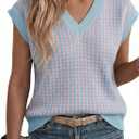 Dokotoo Womens Casual Summer Tops V Neck Short Sleeve Plaid Knit Vest Loose Fit Pullover Sweaters Blouses (Blue, XL)