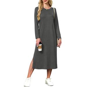MISFAY Women Long Sleeve Midi Dresses 2025 Fall Side Slit Casual Crewneck Loose Long T Shirts Dress with Pockets Light Gray (Gray, M)