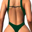 Foxiny Sexy Backless Cheeky High Cut Leg Thong V Neck One Piece Swimsuit Women Tummy Control Brazilian Open Back Bathing Suit Bikini Green Large