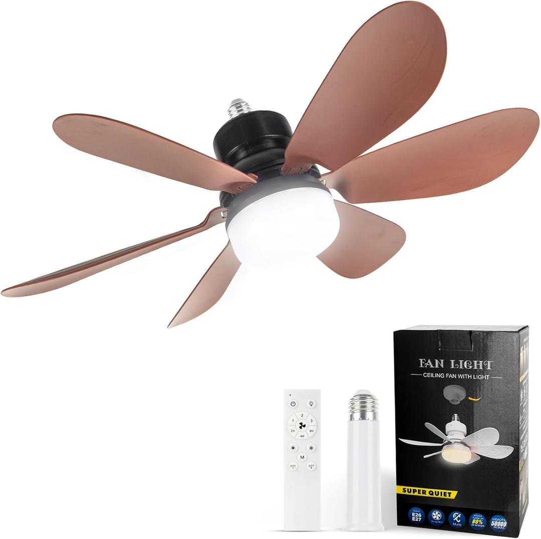 Socket Fan Light, Light Bulb Fan 20.5IN Dimmable, Screw in Socket Fan Ceiling Fan with Light for Garage, Kitchen, Basement (Wood Grain)
