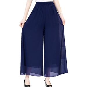 Fakanhui Women's Chiffon Wide Leg Palazzo Pants High Elastic Waist Casual Flowy Business Trousers (Blue, L)