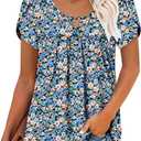 onlypuff Womens T Shirts Short Sleeve Pleated Floral Tunic Tops Dressy Casual Crew Neck Summer Boho Tops Blouses (Blue, L)