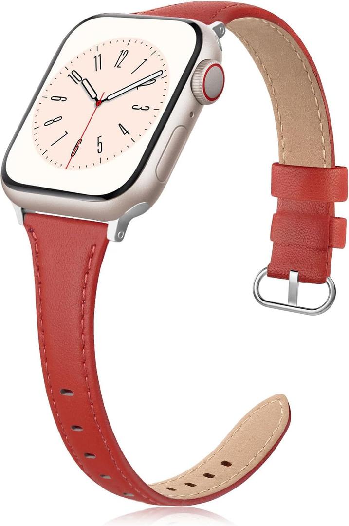 Slim Leather Band Compatible for Apple Watch 38mm 40mm 41mm 42mm Series 10, Slim Thin Elegant Top Grain Genuine Leather Strap Compatible for iWatch Series 10 9 8 7 6 5 4 3 2 1 SE Women (Red)