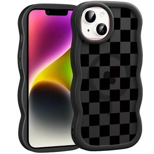 lioscre Cute Checkered Phone Case for iPhone 13/iPhone 14 6.1", Compatible with MagSafe, Black Checkerboard Pattern Print Wavy Design Magnetic Case for Women Girls Men Shockproof Silicone Funda Cover