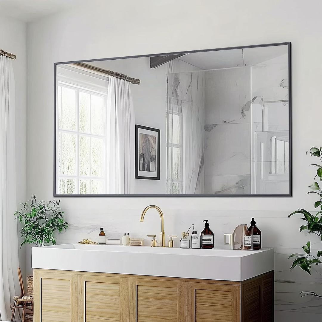 Antok Bathroom Mirror, 55"x30" Wall Mirror, Decorative Mirrors Vanity Mirror Aluminum Alloy Frame Contemporary Hanging Mirror for Living Room Bathroom Entryway,Black