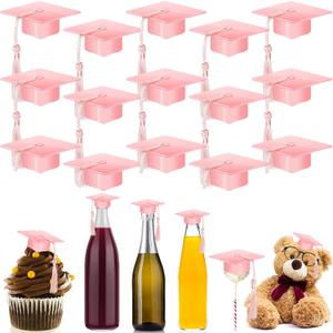 Qunclay 30 Pieces Mini Graduation Cap Pink Hats with Pink Tassels Plastic Grad Cake Pops Cover Toppers for Graduation Party Decorations