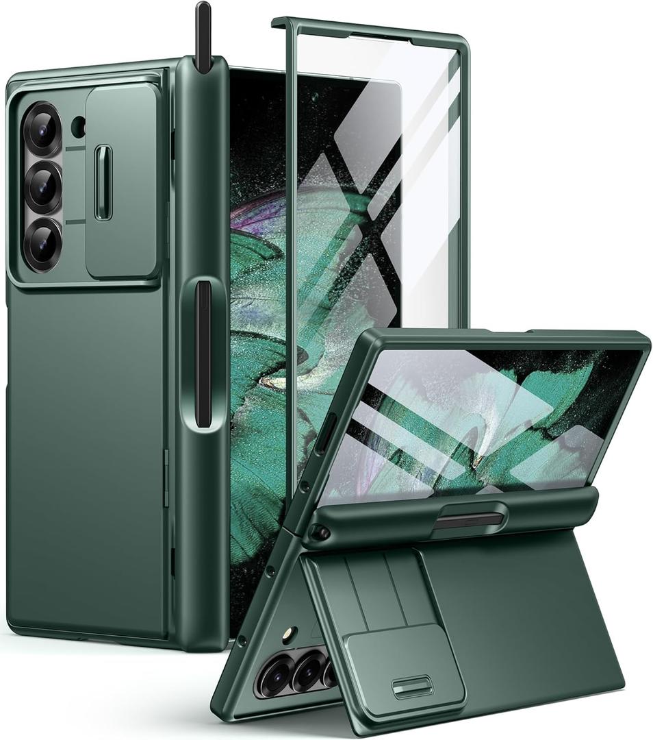 BERFY for Samsung Galaxy Z Fold 6 Case with S Pen Holder, [Built-in Screen Protector & Kickstand & Slide Camera Cover] Full Body Heavy Duty Shockproof Slim Hard Phone Case for Samsung Z Fold 6, Green